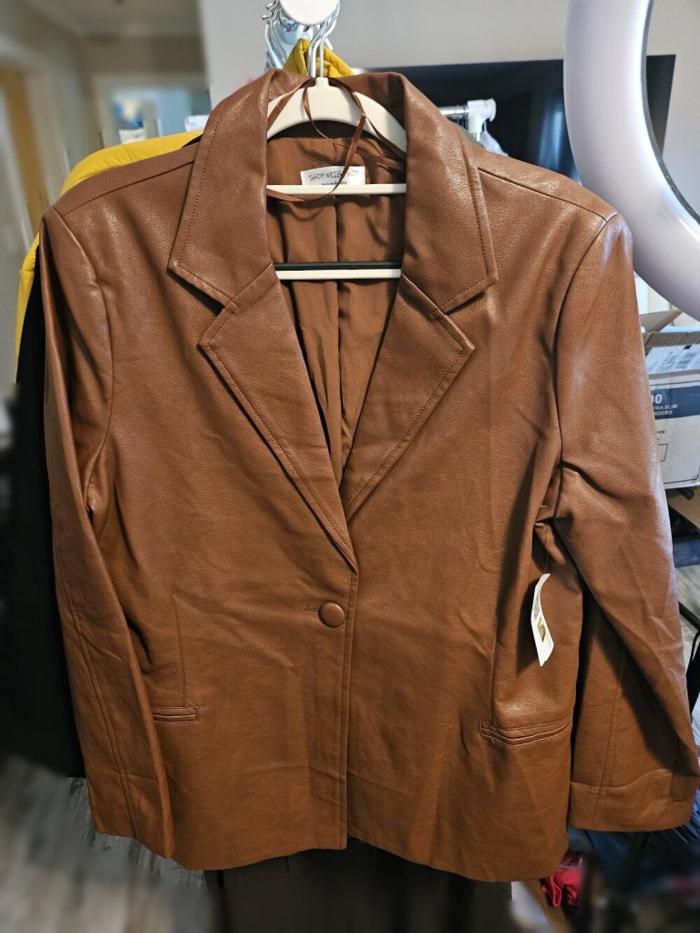 Shop Neighbor Brown Faux Leather Blazer 1Btn Faux Pockets Womens S NWT